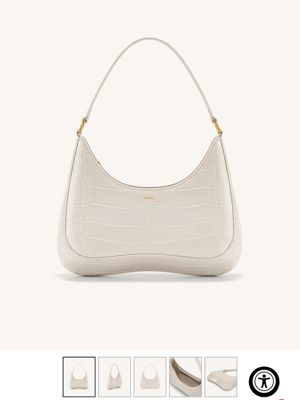 JW PEI Ivory Croc-Embossed Hobo Shoulder Bag with Gold Hardware